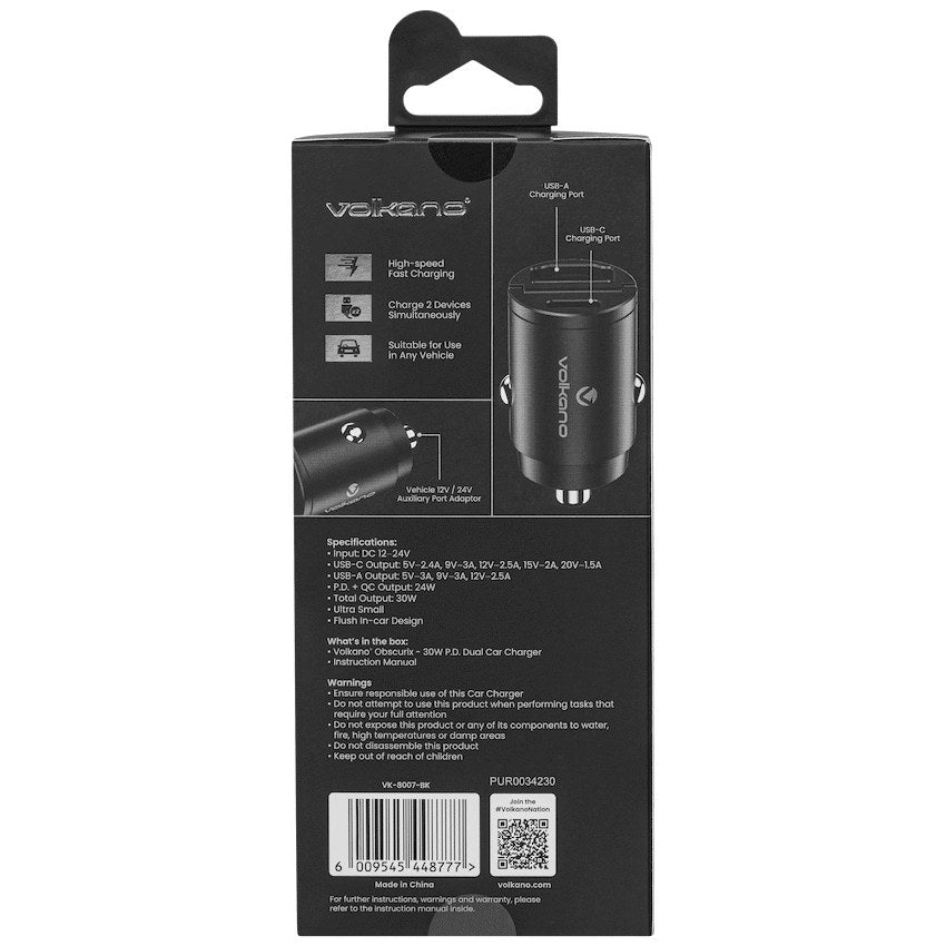 Volkano Obscurix Series 30W PD Dual USB-A and USB-C Ultra Small Car Charger (VK-8007-BK) - View 4 - Office R Us