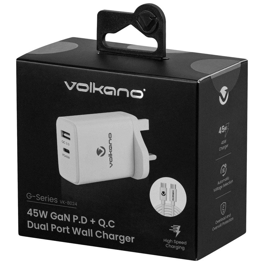 Volkano G-Series 45W USB-A + USB-C Wall Charger, UK Plug (White, VK-8024-WT) - View 3 - Office R Us