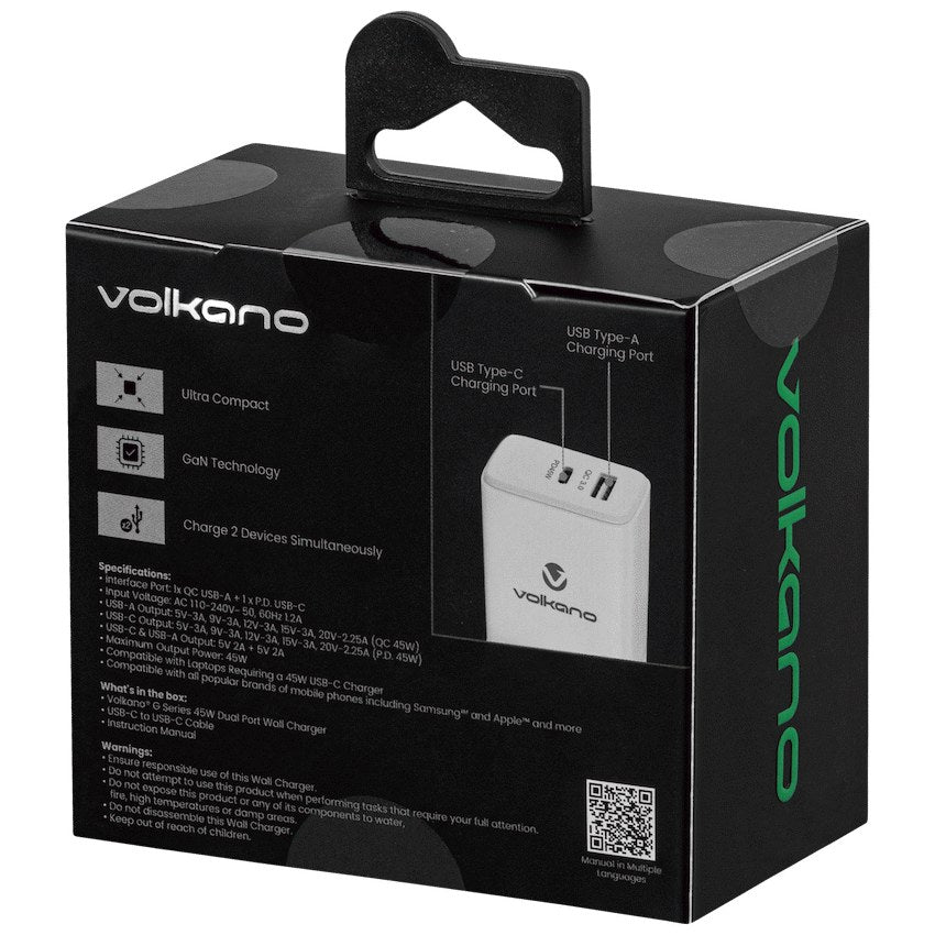 Volkano G-Series 45W USB-A + USB-C Wall Charger, UK Plug (White, VK-8024-WT) - View 4 - Office R Us