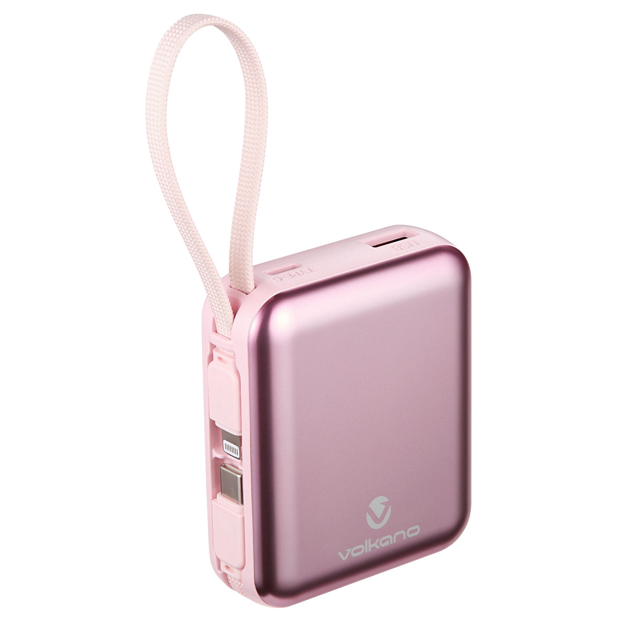 Volkano Solace Series 10000mAh Power Bank with Built-in USB-C & Lightning Cable - Pink & Rose Gold - View 12 - Office R Us