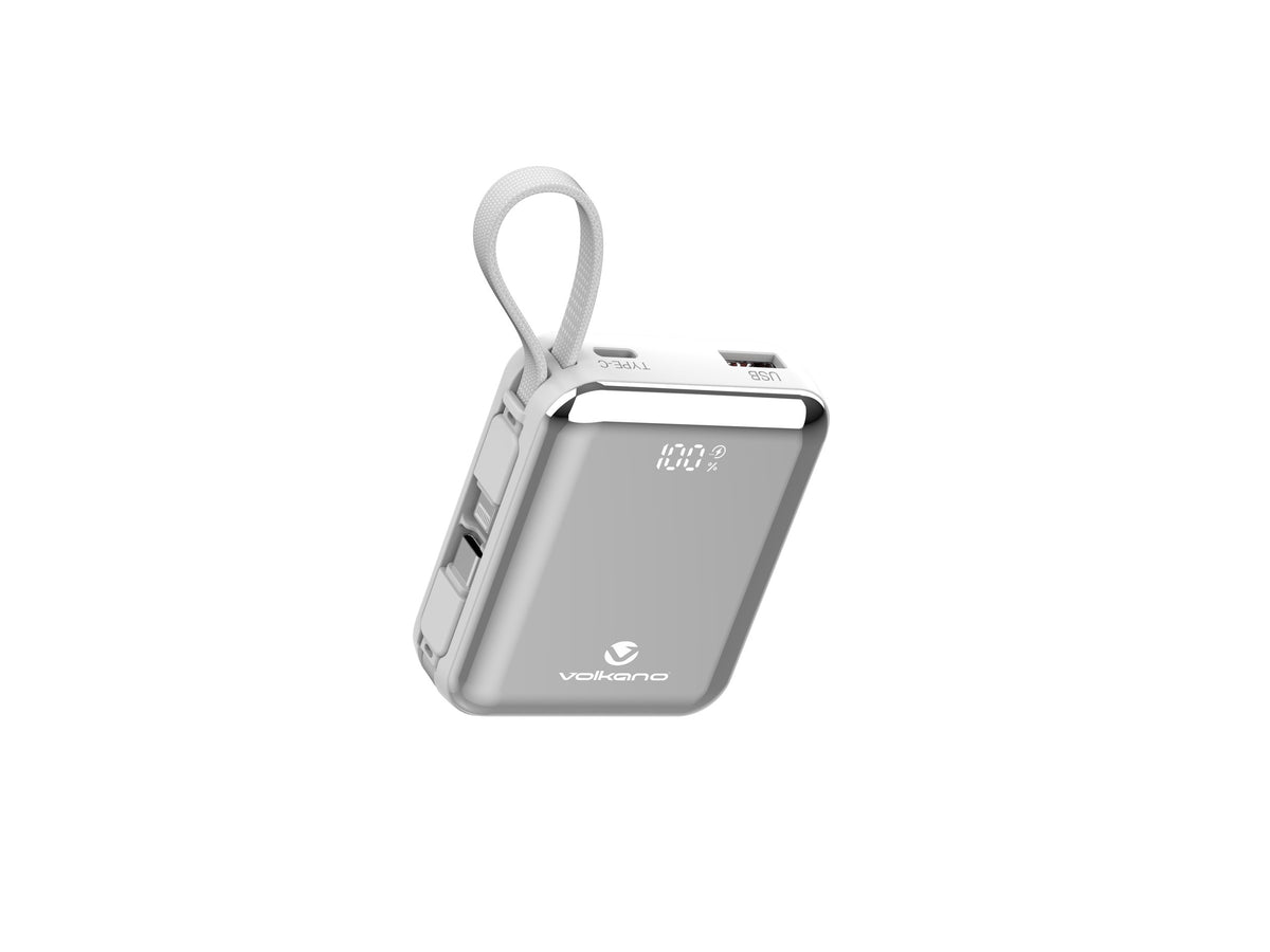 Volkano Solace Series 10000mAh Power Bank with Built-in USB-C & Lightning Cable - White & Silver - View 6 - Office R Us