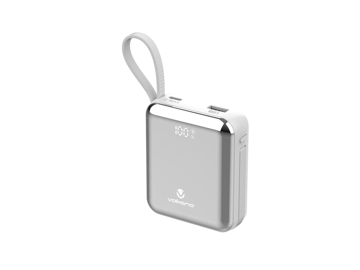 Volkano Solace Series 10000mAh Power Bank with Built-in USB-C & Lightning Cable - White & Silver - View 9 - Office R Us