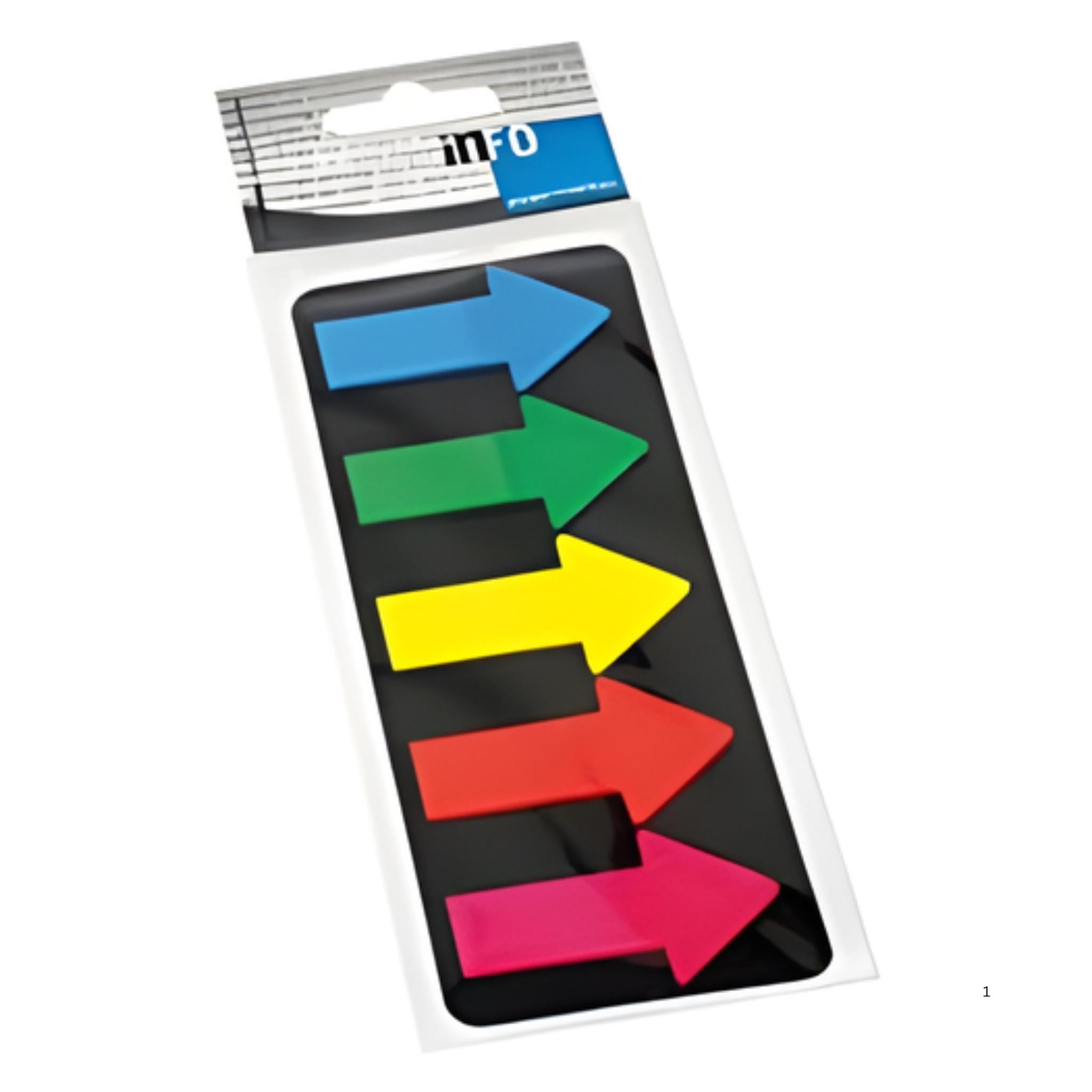 inFO Notes 25 x 45 mm Foil Page Marker "Big Arrows", Fixed onto Black Cardboard Card, 25 Sheets (5 Arrow Pads), Film Mix: Blue, Green, Yellow, Orange, Pink
