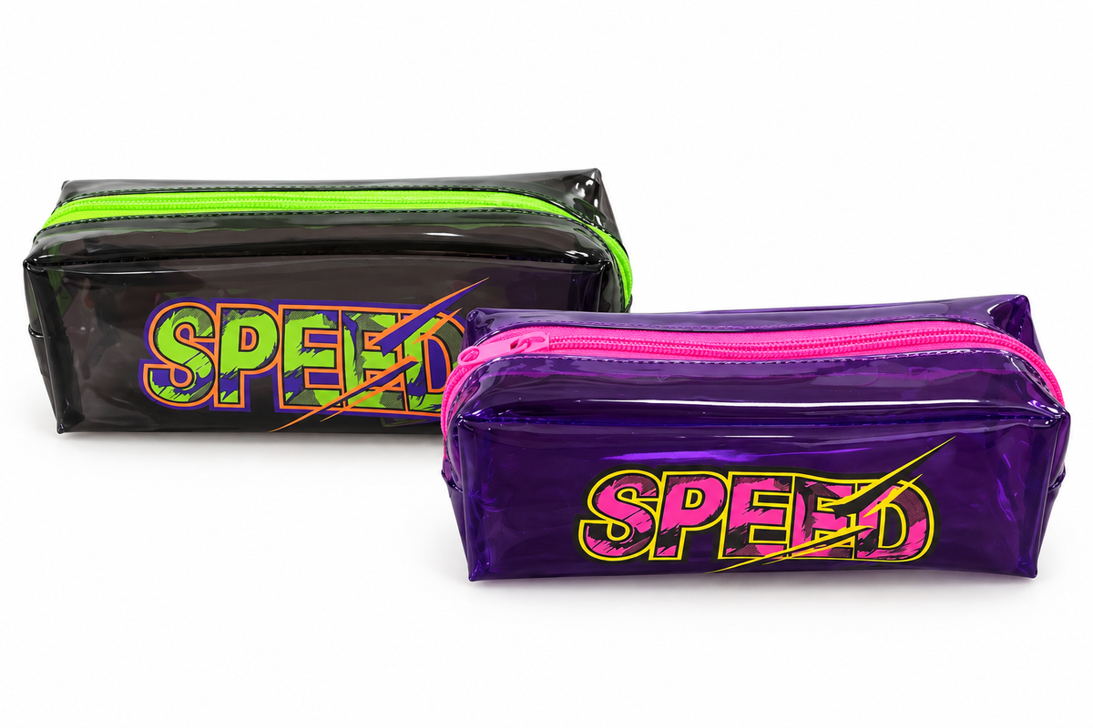 Transparent PVC box pencil case, Speed design – purple and black