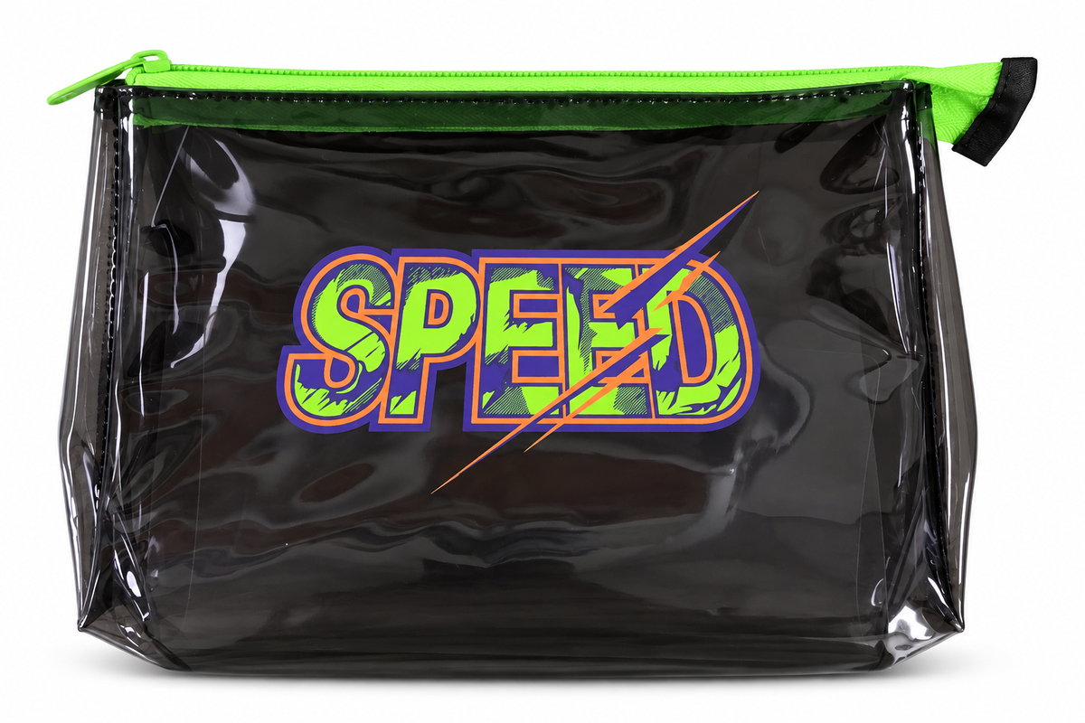 Transparent PVC wide zip pouch, Speed design – black