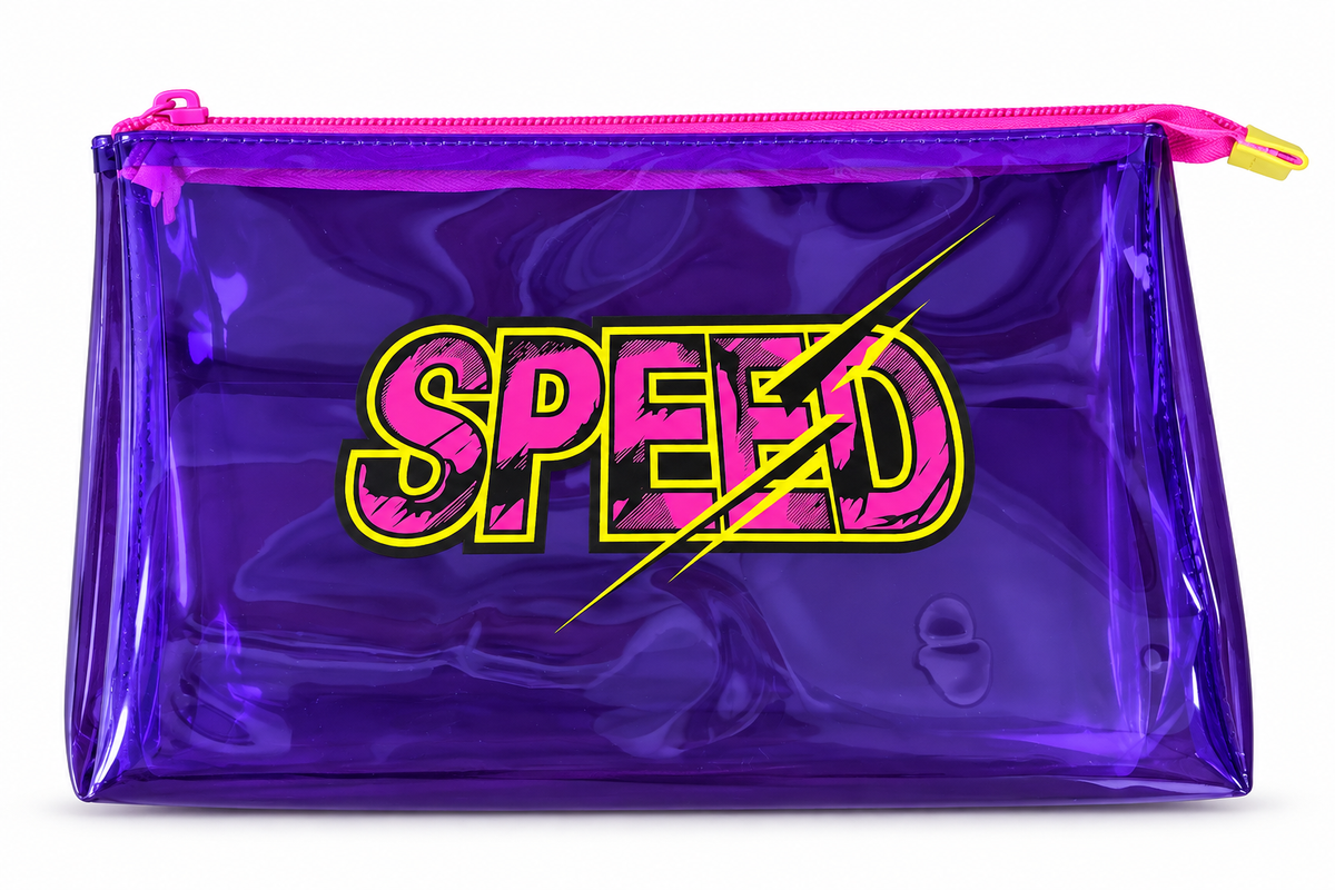 Transparent PVC wide zip pouch, Speed design – purple