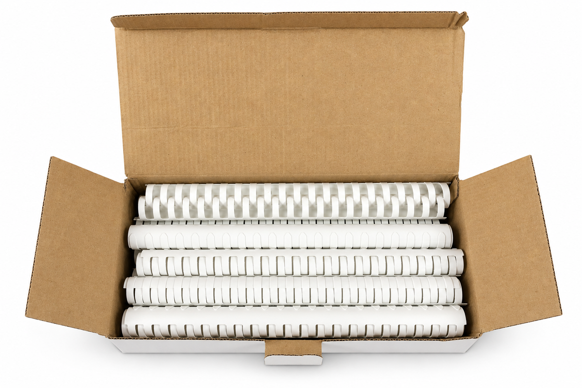 White 25 mm plastic binding rings in box