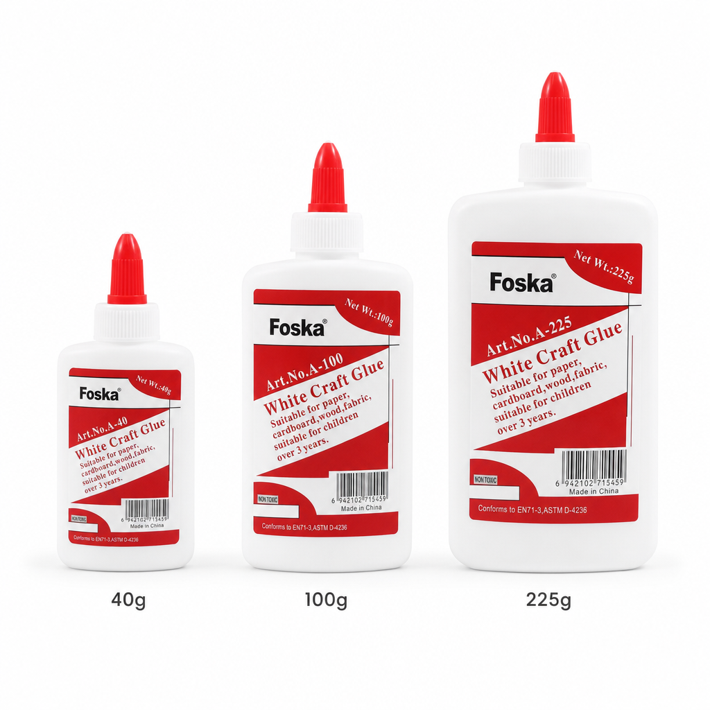 Foska white craft glue flat bottles in 40g, 100g and 225g on white background