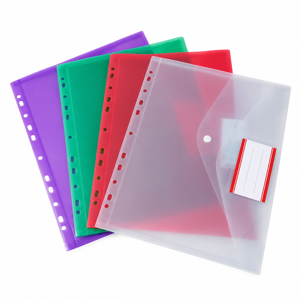 Foska A4 poly envelope folder with button closure – purple, green, red and clear