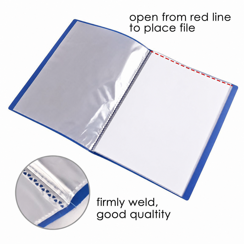 A4 clear display book open showing welded pocket and red placement line
