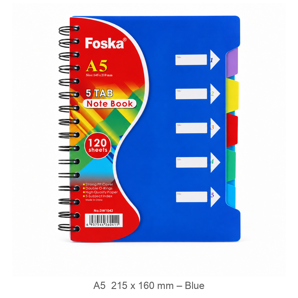 Foska 5-tab spiral notebook A5 215 x 160 mm, 120 sheets – blue (DW1042)