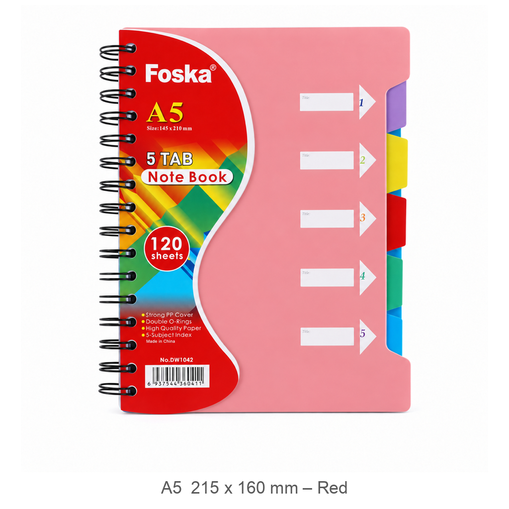 Foska 5-tab spiral notebook A5 215 x 160 mm, 120 sheets – red (DW1042)