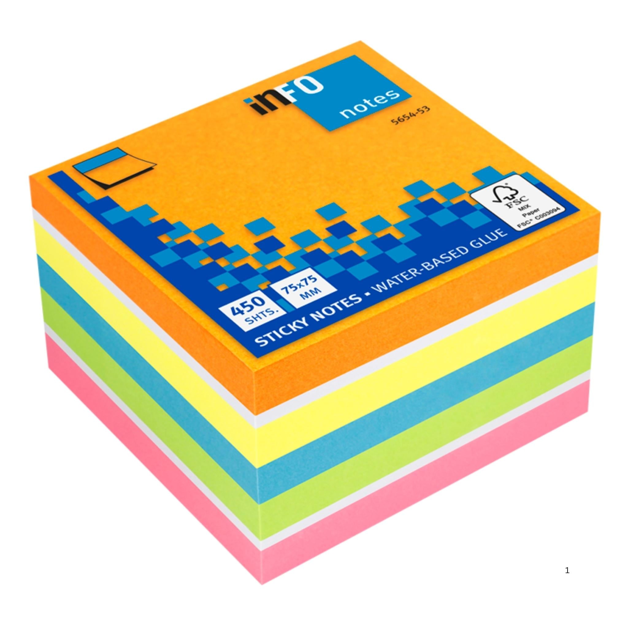 inFO Notes Brilliant Mix Cube 75 x 75 mm, 450 Sheets – Orange/White/Yellow/Blue/Green/Pink