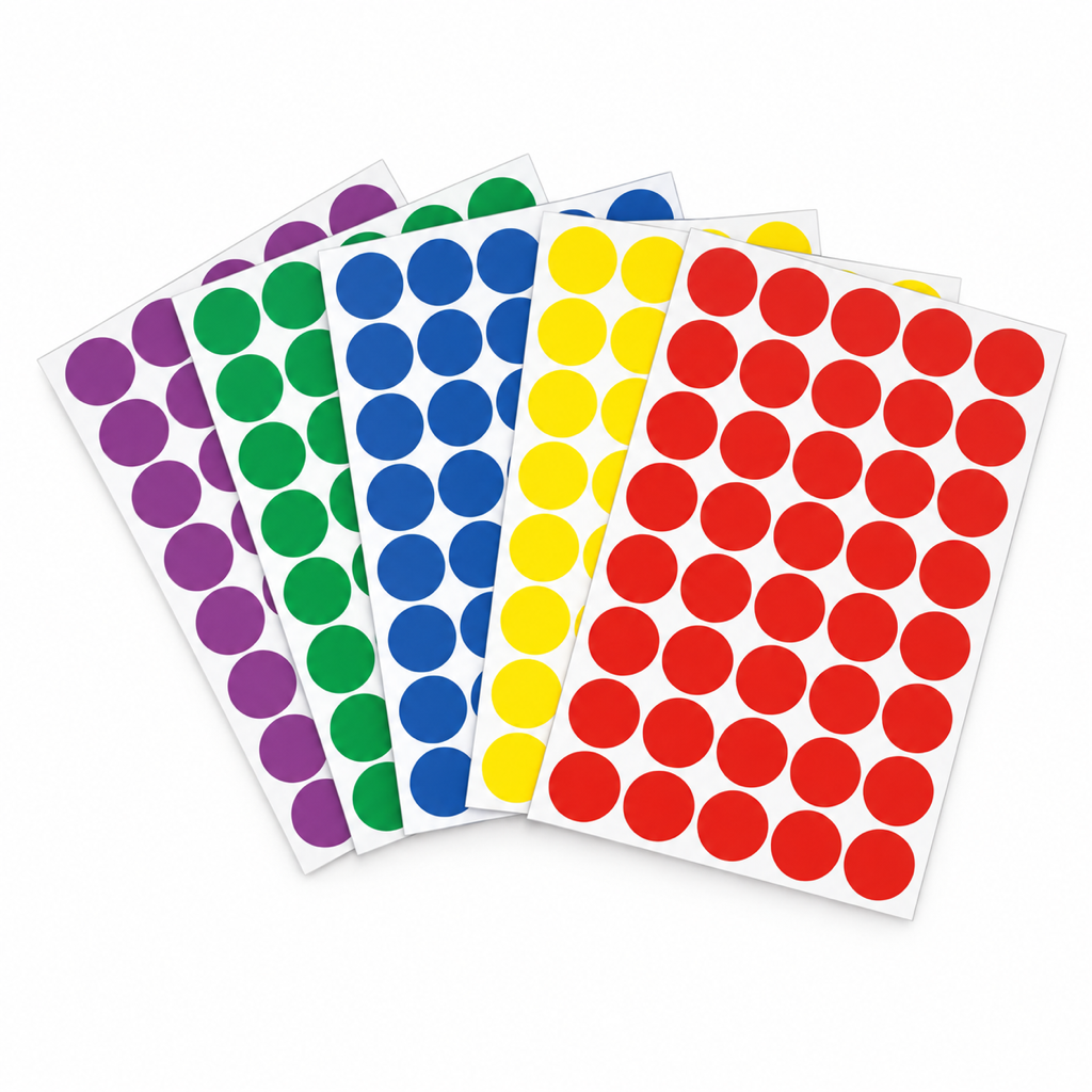 Foska round dot sticker labels 19 mm – red, yellow, green, blue and purple sheets