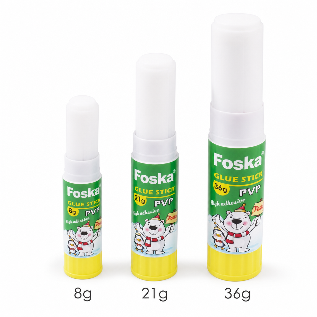 Foska glue sticks 8g, 21g and 36g uncapped size comparison on white background