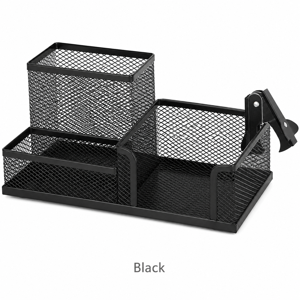 Metal Grid Multi-Compartment Desktop Pen Container — Black