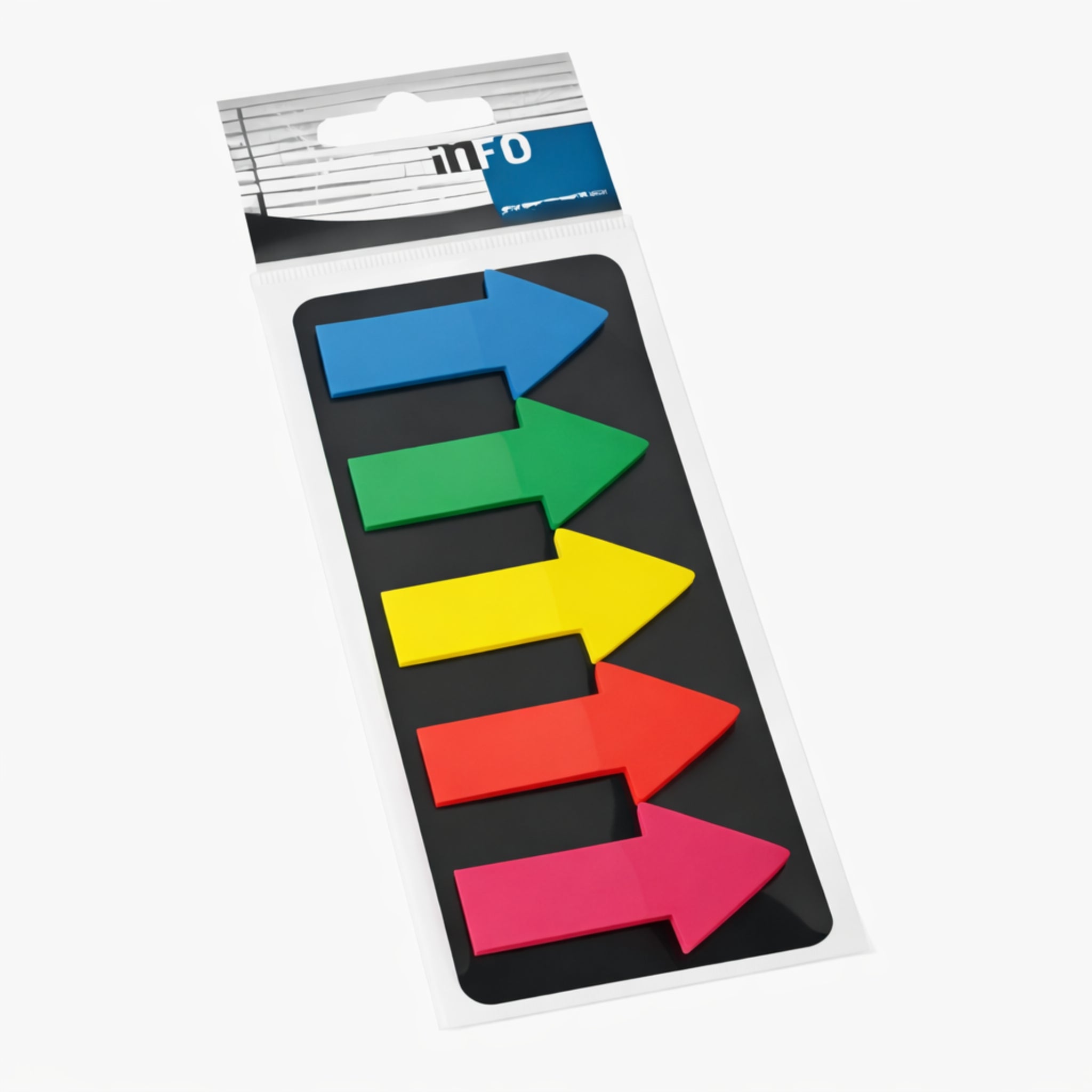 inFO Notes 25 x 45 mm Foil Page Marker "Big Arrows", Fixed onto Black Cardboard Card, 25 Sheets (5 Arrow Pads), Film Mix: Blue, Green, Yellow, Orange, Pink