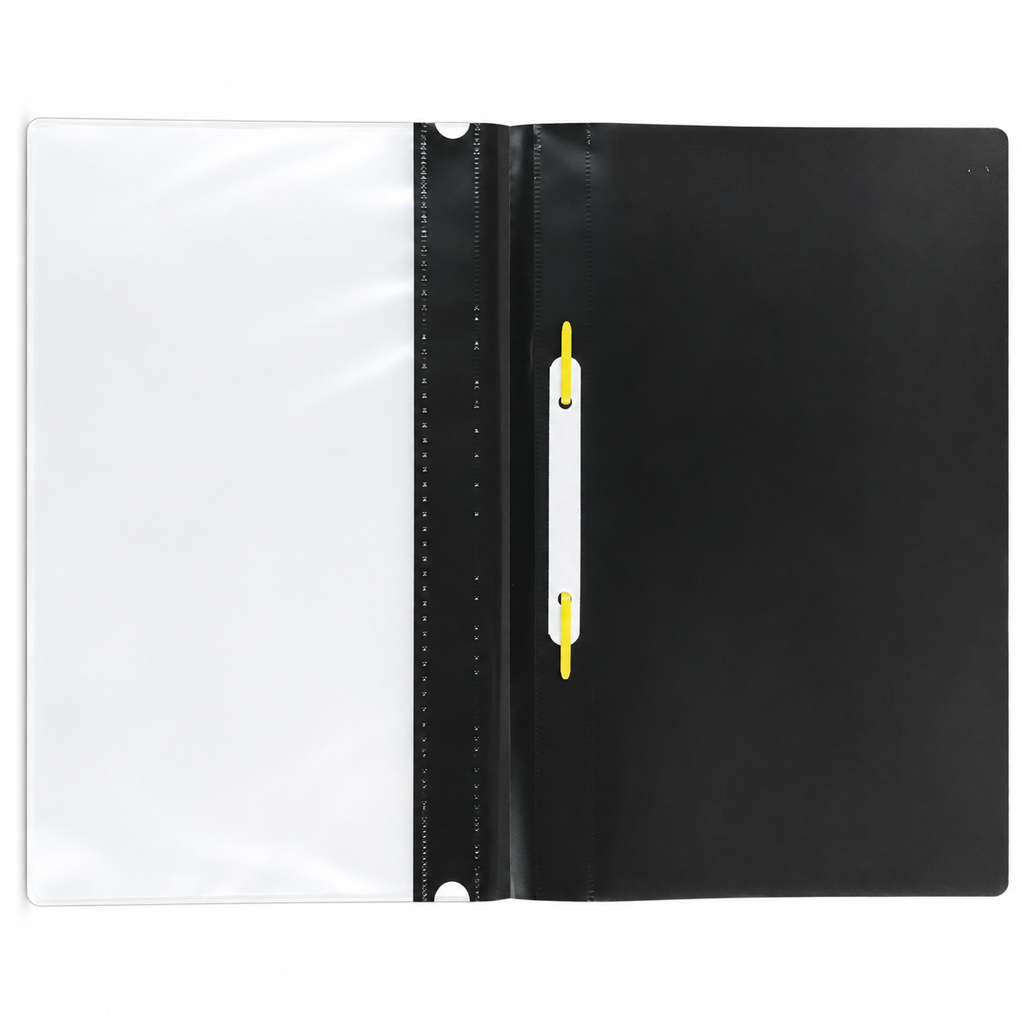 A4 PP file folder open, clear cover and two-prong fastener – black