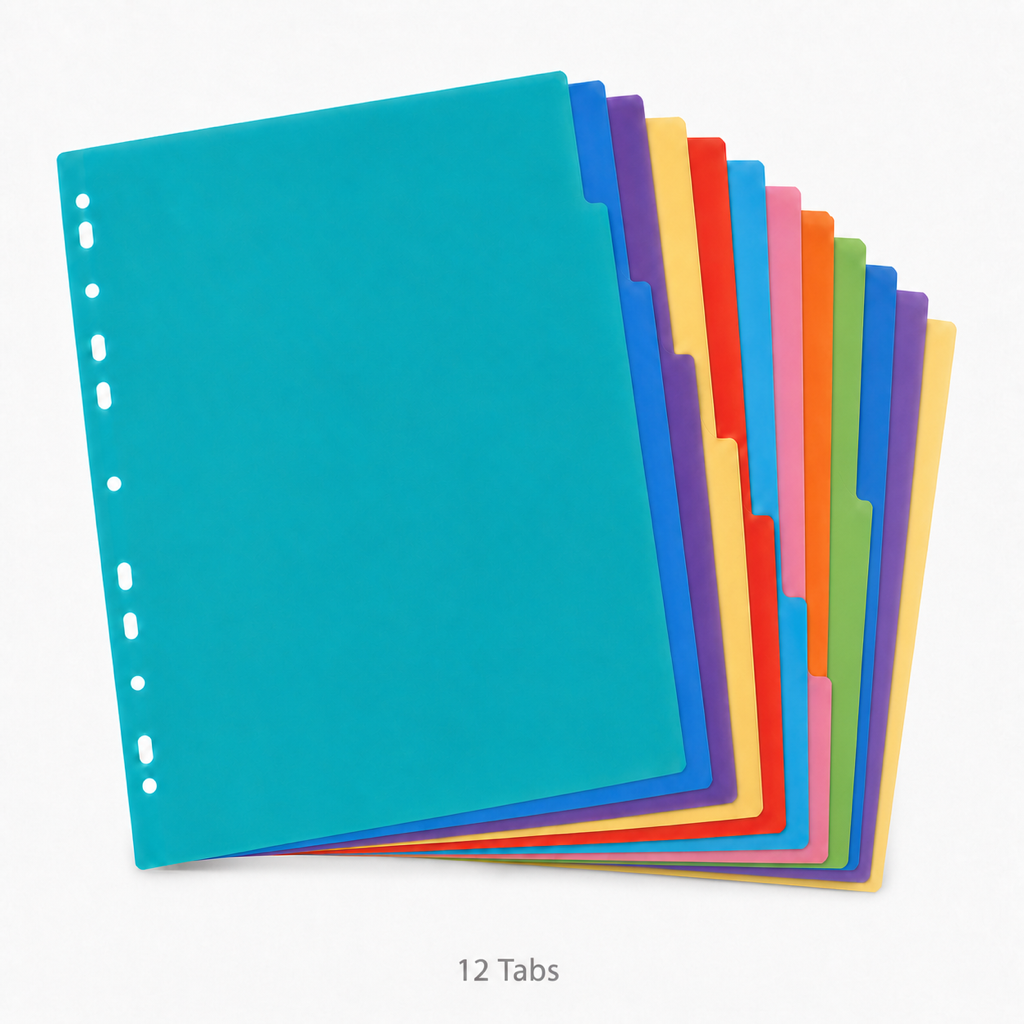 A4 Plastic Index Dividers – Assorted Colours — 12 Tabs