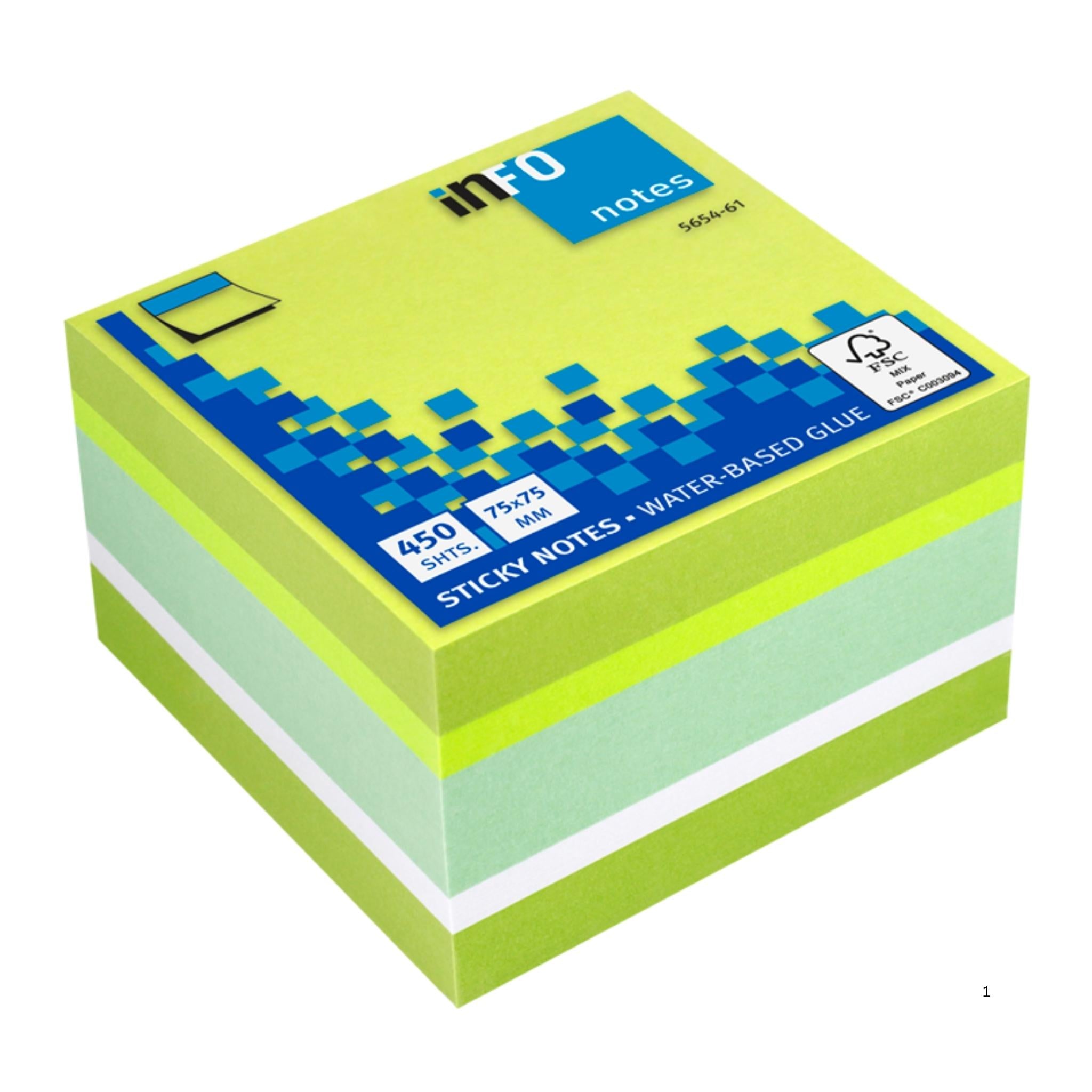 inFO Notes Brilliant Green Mix Cube 75 x 75 mm, 450 Sheets – Lemon Green/Brilliant Green/Pastel Green/White