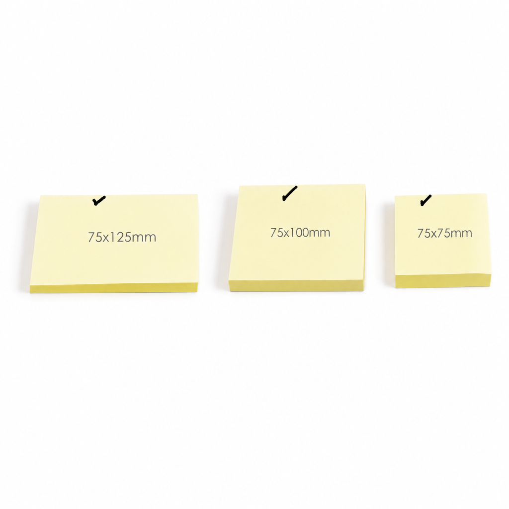 Yellow sticky note pads in 75x125mm, 75x100mm and 75x75mm on white background