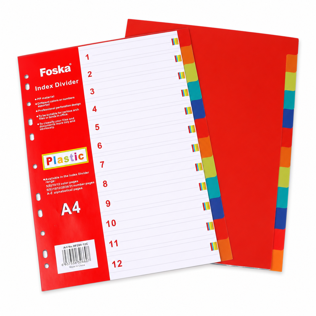 Foska A4 plastic index dividers, 12 tabs, Art No.HF289-12C