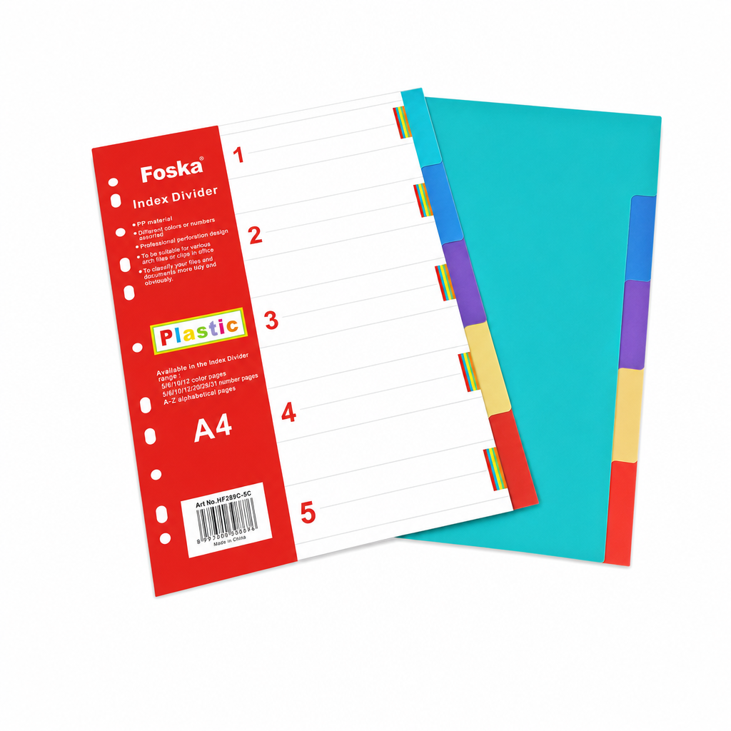 Foska A4 plastic index dividers, 5 tabs, Art No.HF289C-5C