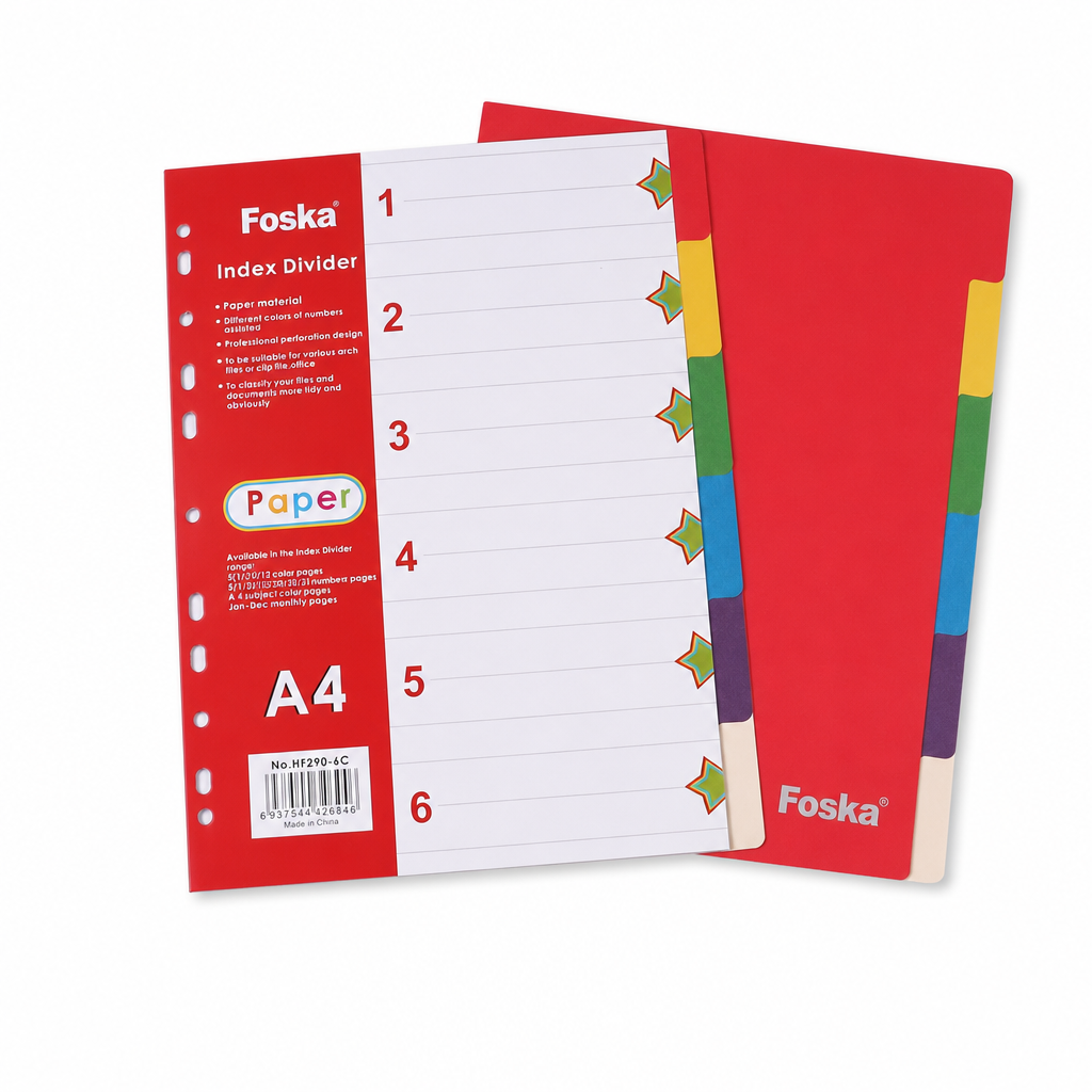 Foska A4 paper index dividers 180gsm, 6 tabs, No.HF290-6C