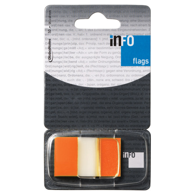 inFO Notes PET Flags 25 x 43 mm (1") in Dispenser – Colour Tip Orange, 50 Sheets
