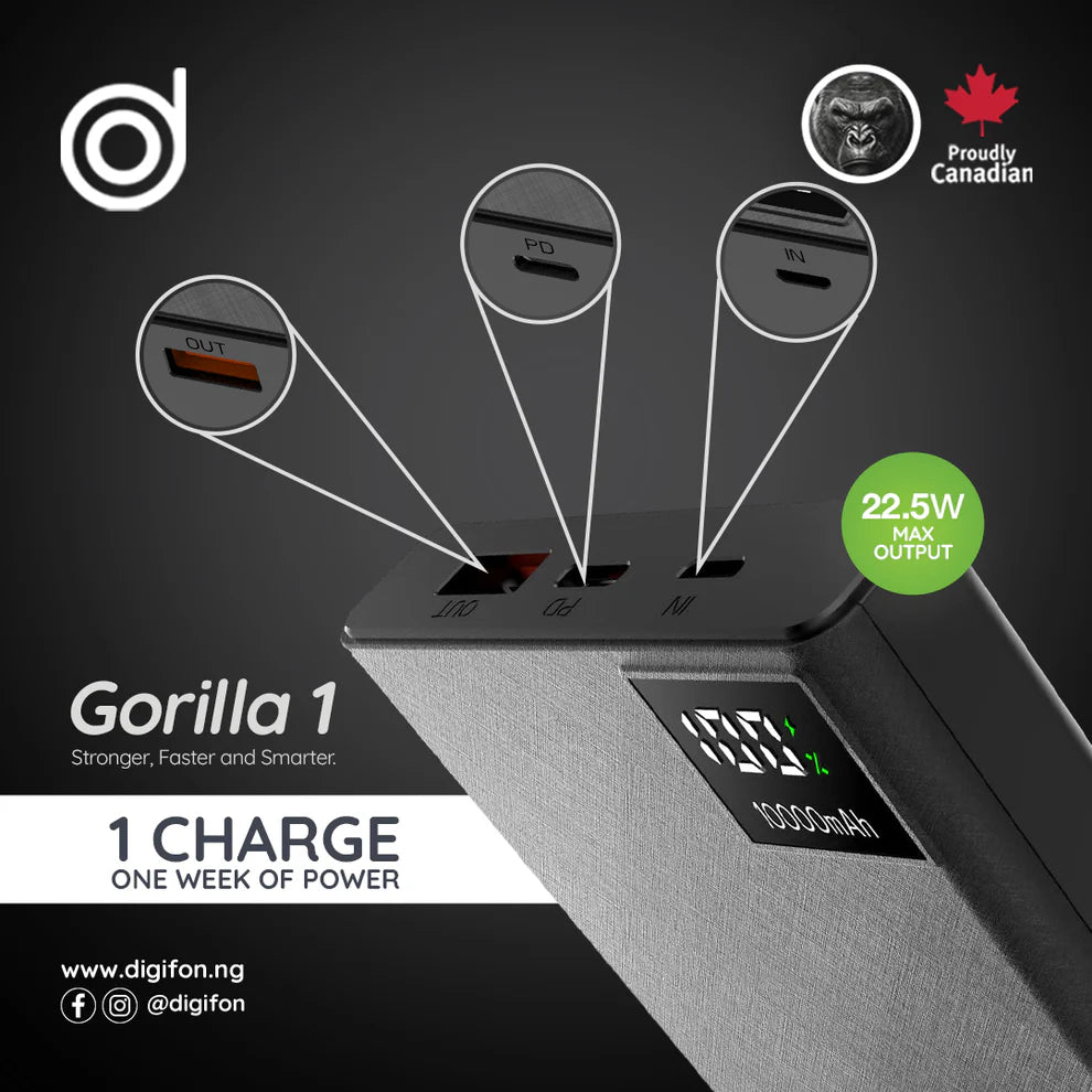 Digifon Gorilla 22.5W 10000mAh Digital Power Bank – Black