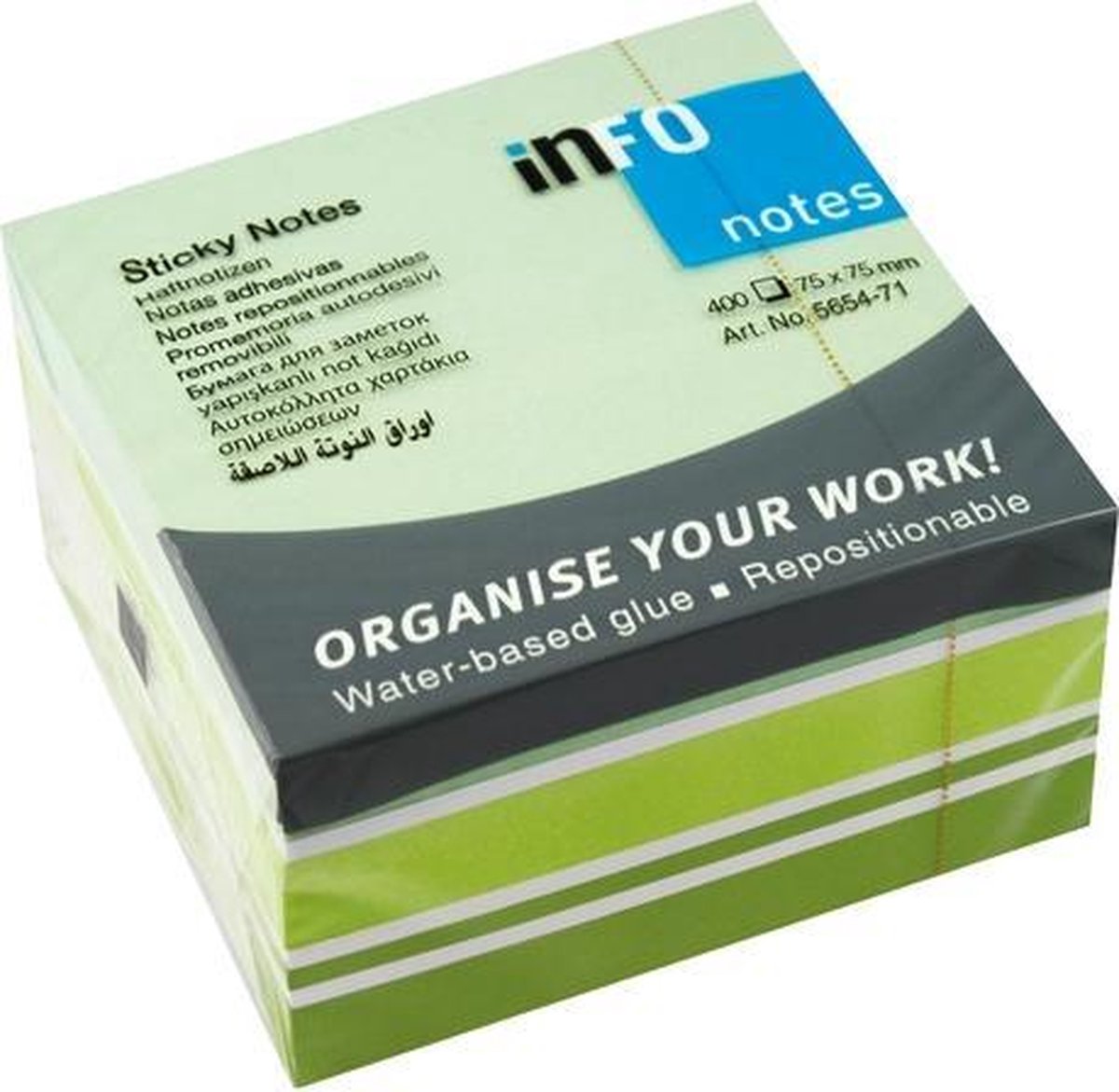 inFO Notes Green Mix Cube 75 x 75 mm, 400 Sheets – Pastel Green/Brilliant Green/Lemon Green