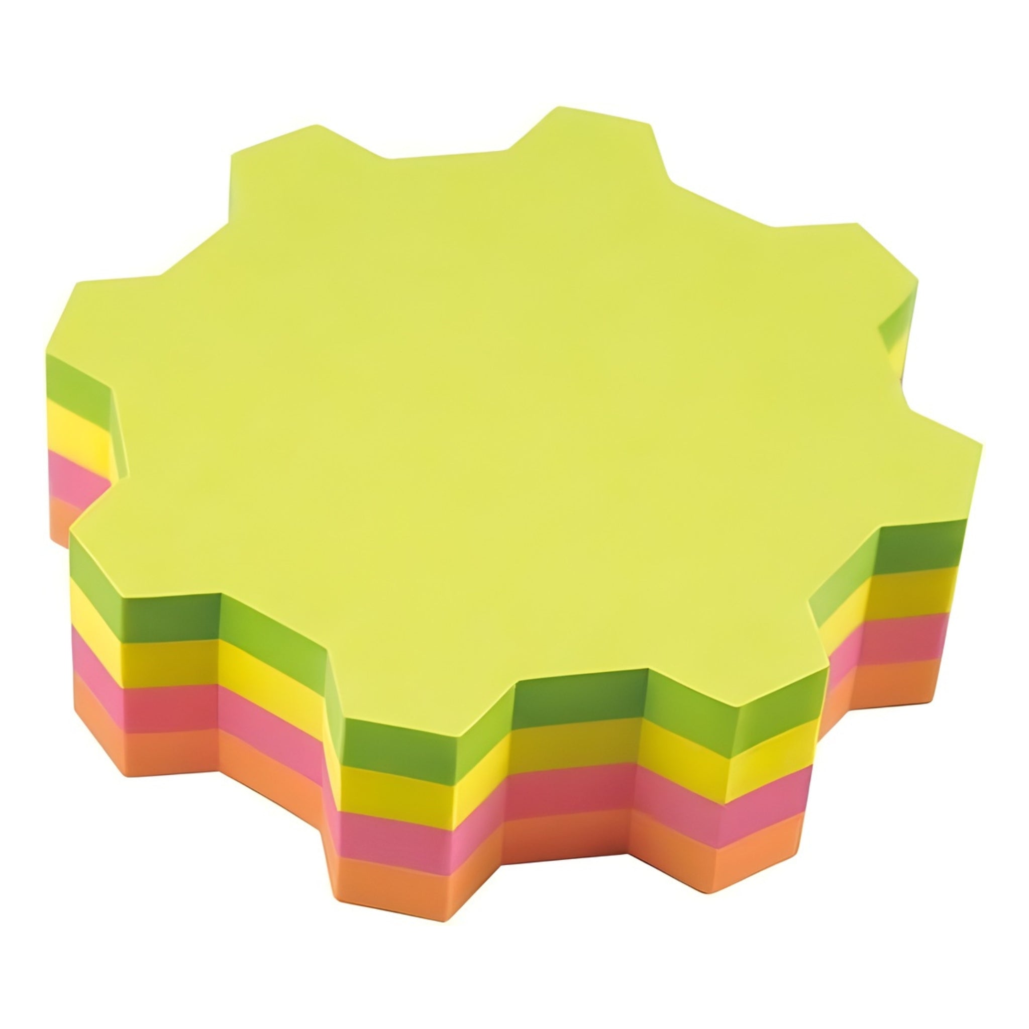 inFO Notes Shaped Cube 70 x 70 mm “Gearwheel”, 200 Sheets – Green/Yellow/Pink/Orange