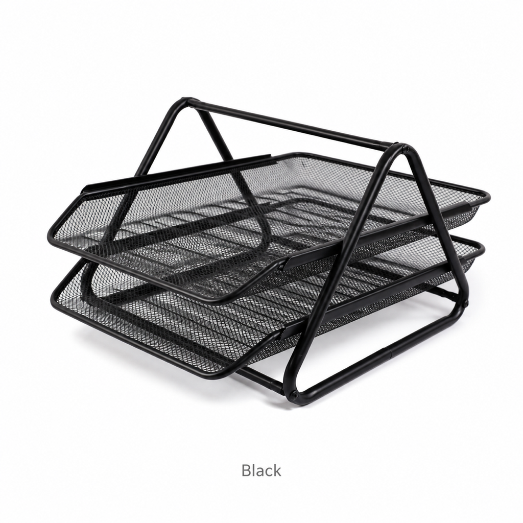 2-Tier Wire Mesh Desk Organizer with Sliding Letter Trays — Black