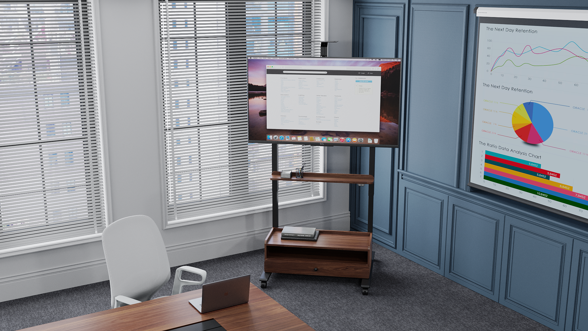 FlexiSpot Motorised TV Stand – Black Frame with Oak Drawer (UK Plug) - Image 6 - Office R Us