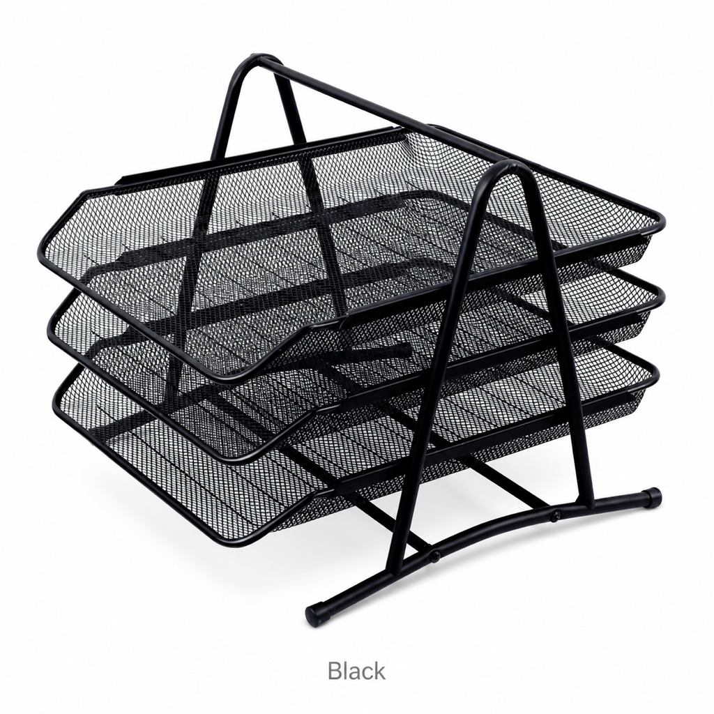 3-Tier Metal Sliding Tray Desktop File Organizer — Black