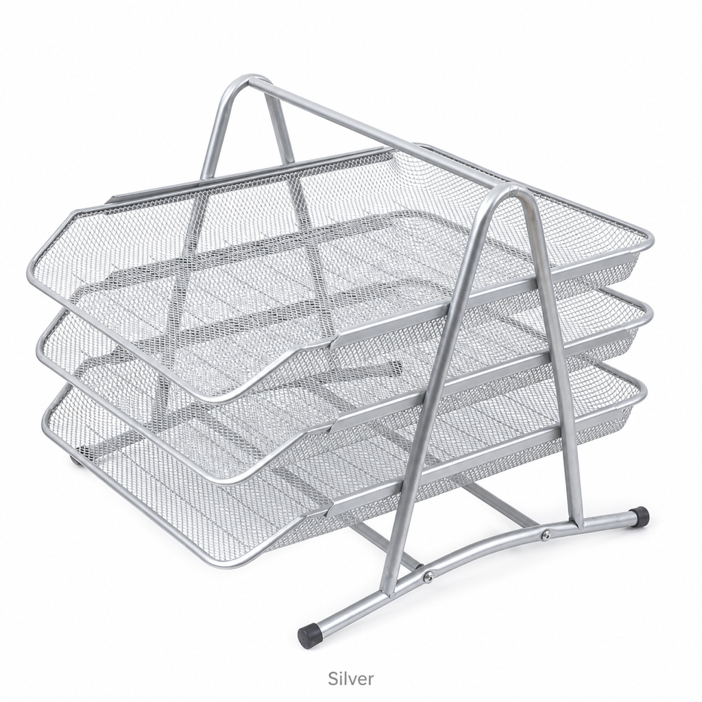 3-Tier Metal Sliding Tray Desktop File Organizer — Silver