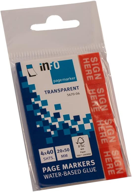 inFO Notes Transparent Page Markers 20 x 50 mm, 4 Pads (40 Sheets) – “Sign Here”