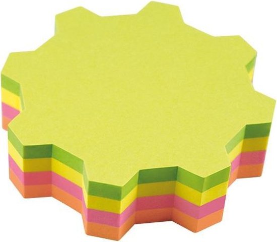 inFO Notes Shaped Cube 70 x 70 mm “Gearwheel”, 200 Sheets – Green/Yellow/Pink/Orange