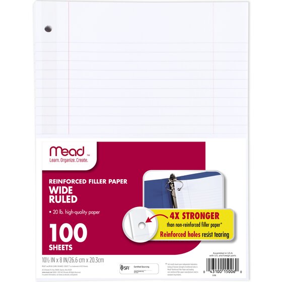 Mead Reinforced Wide Ruled Filler Paper, 100 Sheets