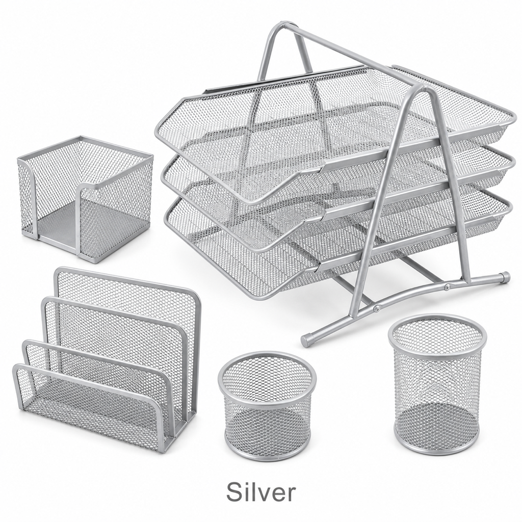 5-Piece Metal File Tray Desk Organizer Set — Silver