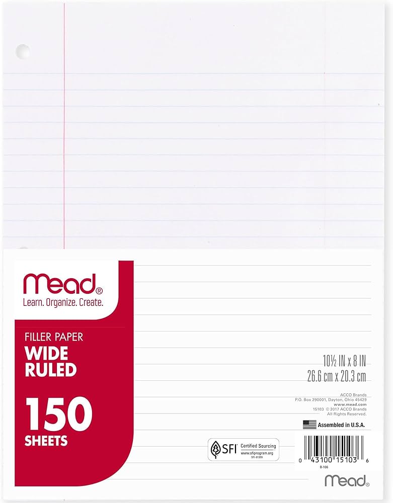 Mead Wide Ruled Filler Paper, 10.5" × 8", 150 Sheets