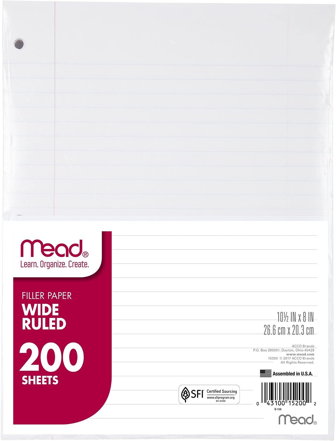 Mead Wide Ruled Filler Paper, 10.5" × 8", 200 Sheets