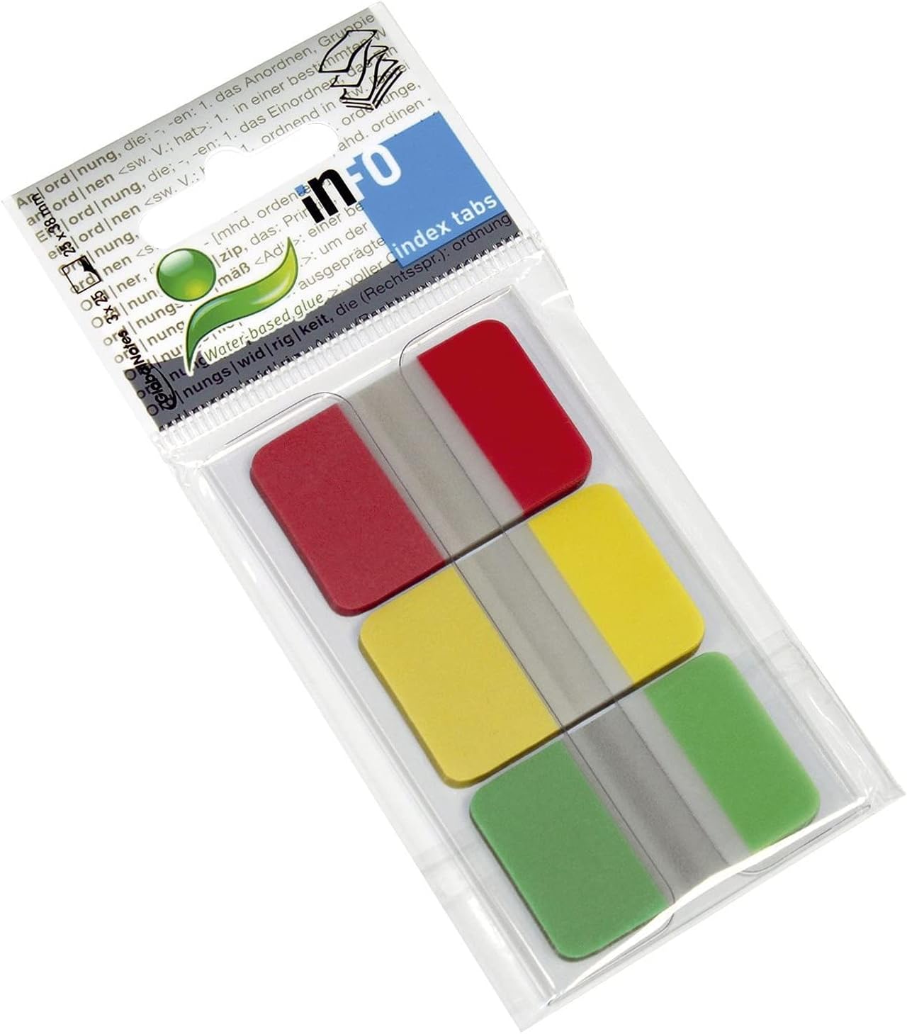 inFO Notes Index Tabs with Z-Folding on Transparent Plastic Card with Practical Clip, 3 x (25 x 38 mm), 3 x 25 Tabs, Colour Tip: Red/Yellow/Green, Card Size 82 x 48 mm
