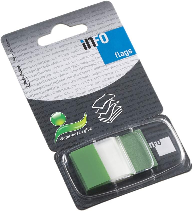 inFO Notes PET Flags 25 x 43 mm (1") in Dispenser – Colour Tip Green, 50 Sheets