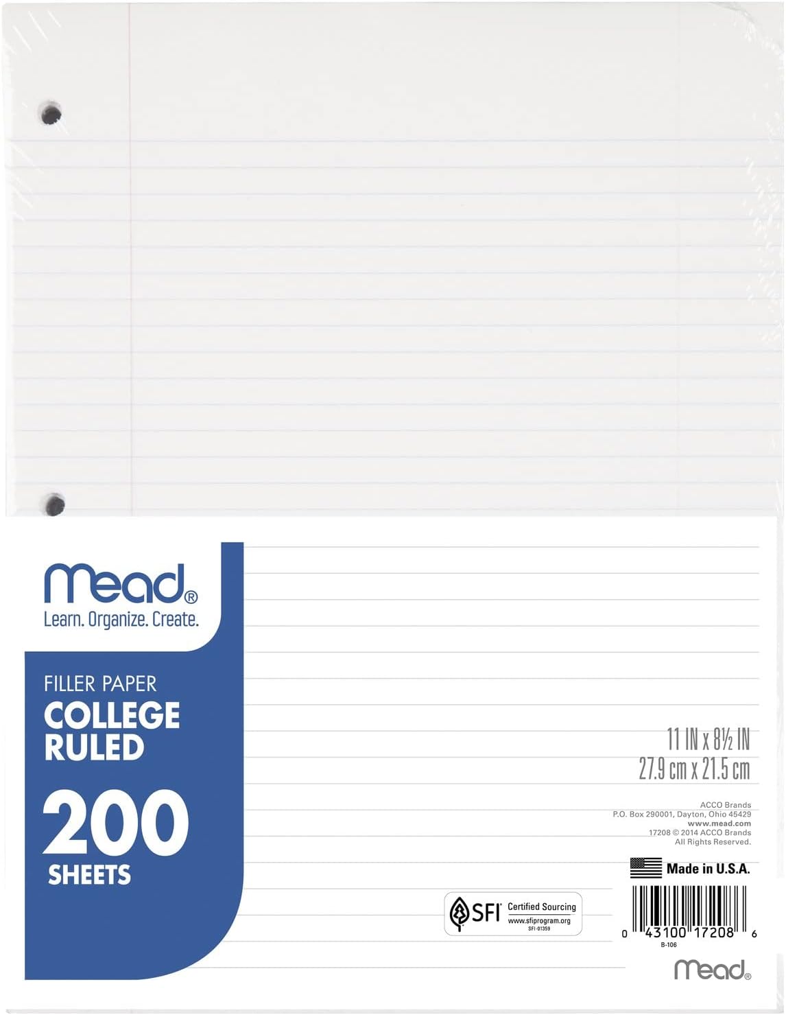 Mead College Ruled Filler Paper, 11" × 8.5", 200 Sheets