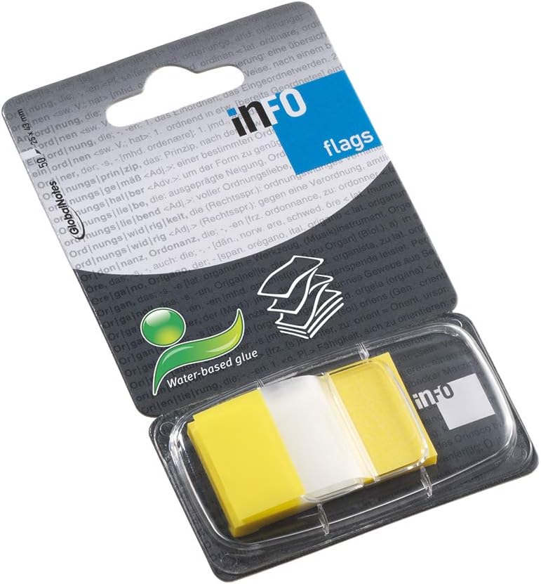 inFO Notes PET Flags 25 x 43 mm (1") in Dispenser – Colour Tip Yellow, 50 Sheets