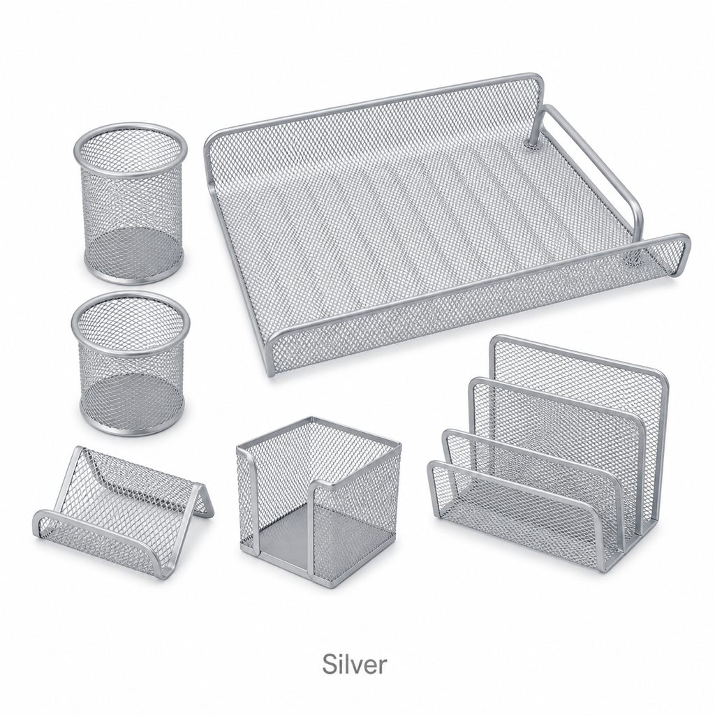 6-Piece Metal Mesh Office Organizer Set with File Tray — Silver