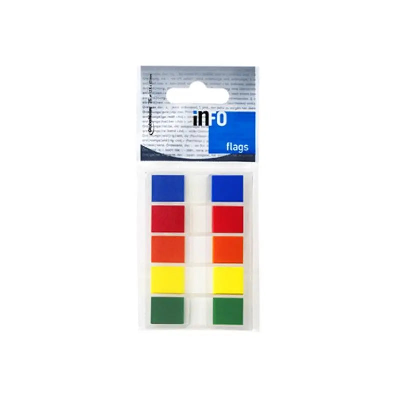 inFO Notes PET Flags 12.5 x 43 mm (½") with Colour Tip on Plastic Card with Clip – Transparent Blue/Red/Orange/Yellow/Green