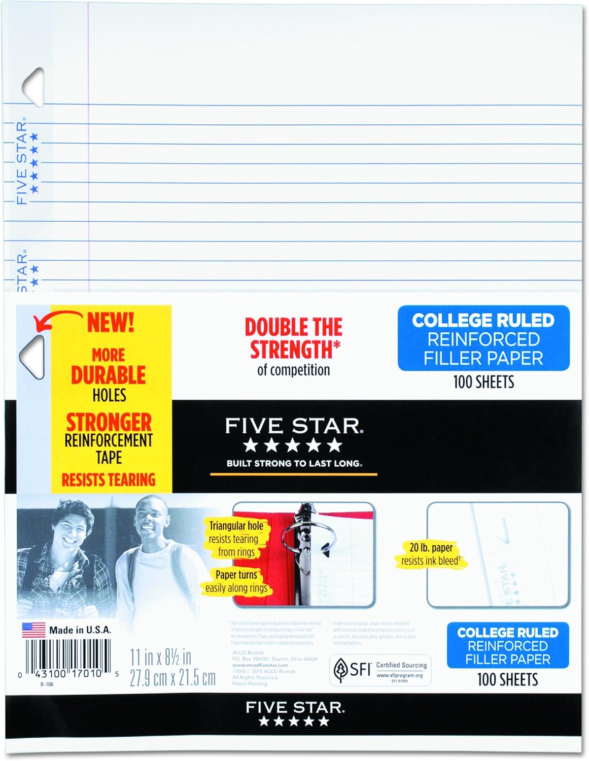 Five Star Reinforced College Ruled Filler Paper, 11" × 8.5", 100 Sheets