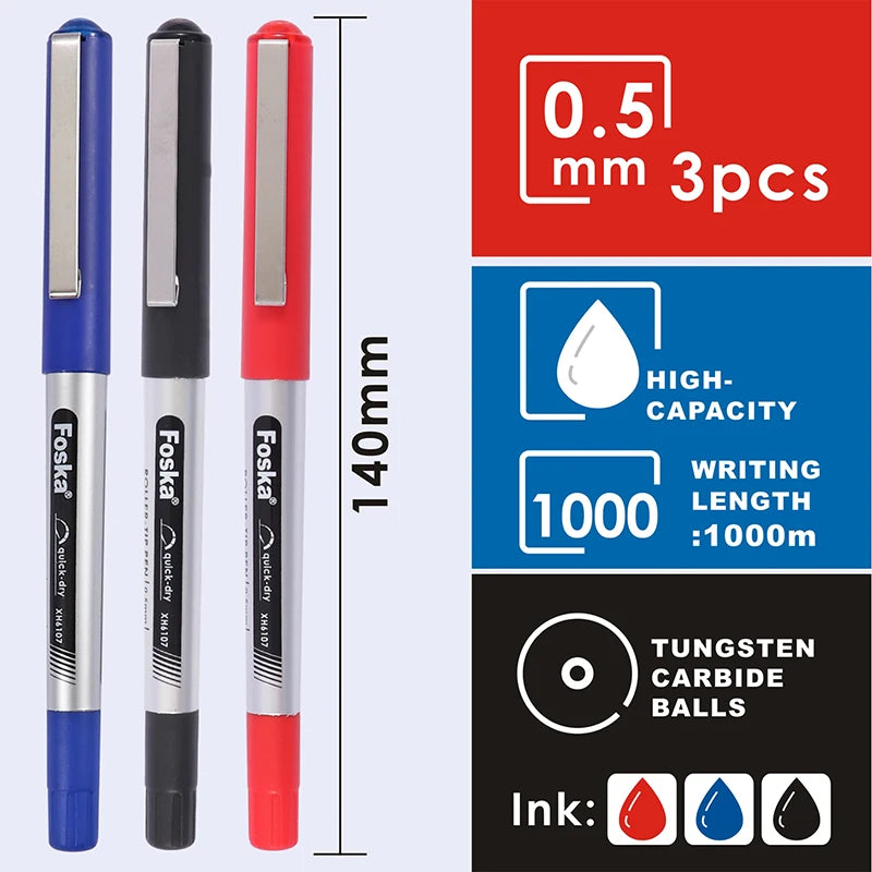 Roller Pen Set 0.5mm – Black, Blue and Red Pack of 3